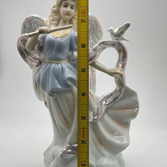 Vintage Porcelain Angel Figurine Playing Flute and Dove Iridescent Musician Gift - Picture 6 of 7